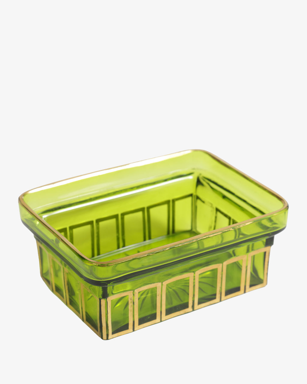 Set di bottiglie porta profumo in vetro verde e oro anni 60