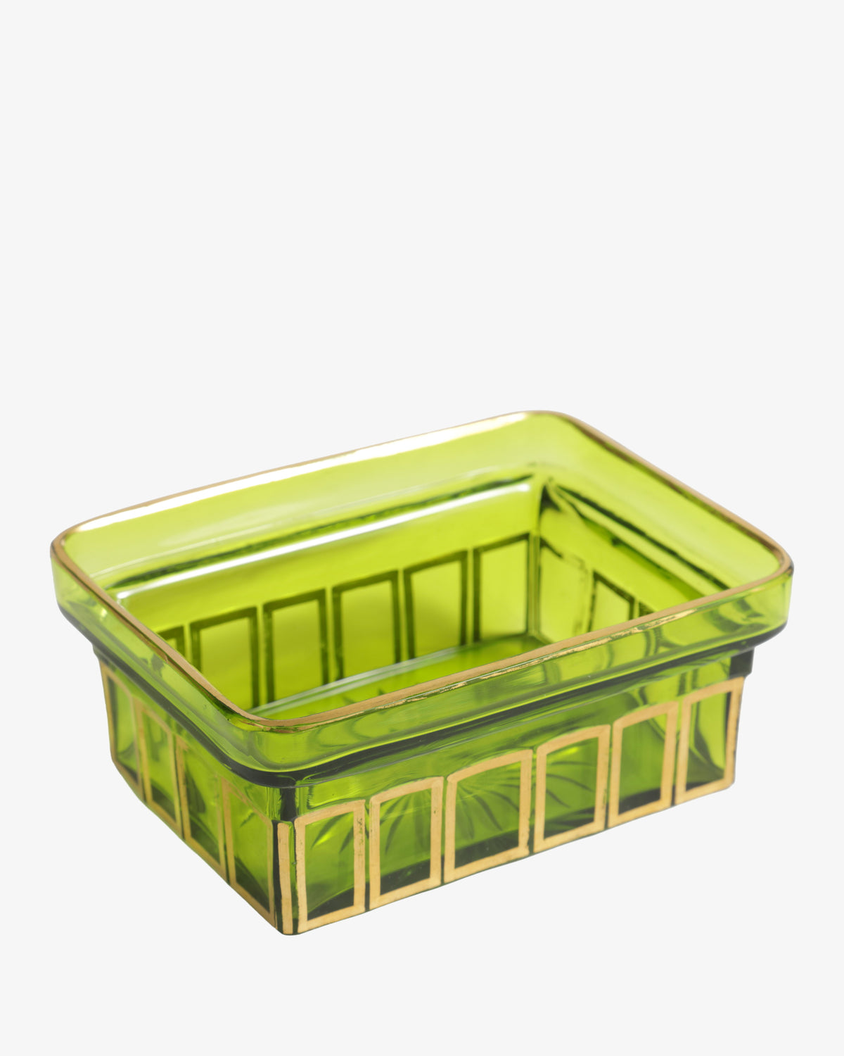 Set di bottiglie porta profumo in vetro verde e oro anni 60