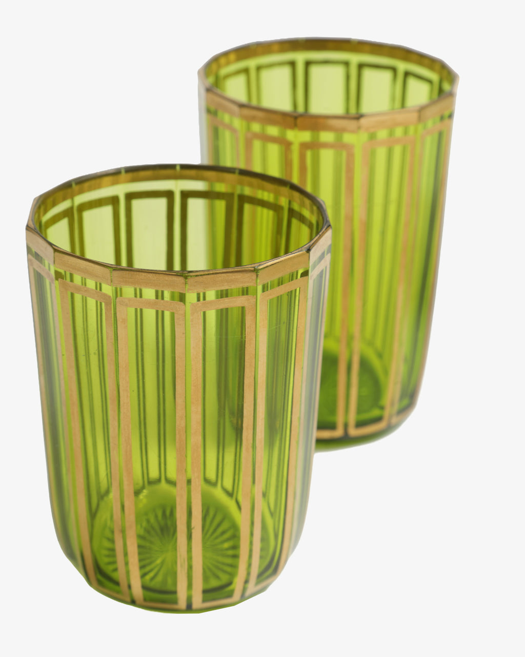 Set di bottiglie porta profumo in vetro verde e oro anni 60