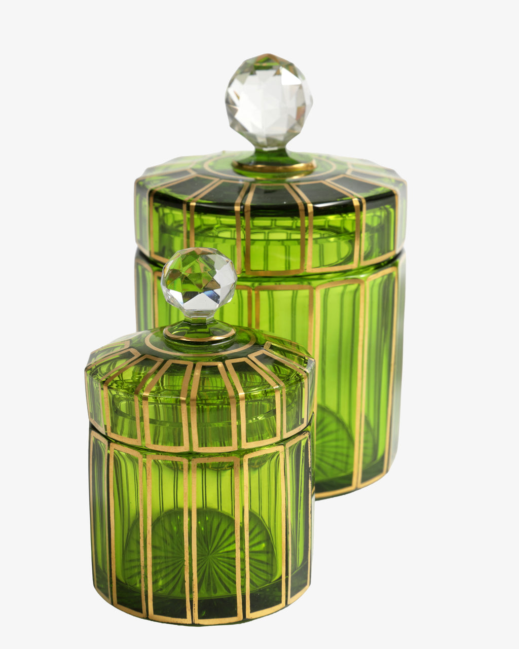 Set di bottiglie porta profumo in vetro verde e oro anni 60