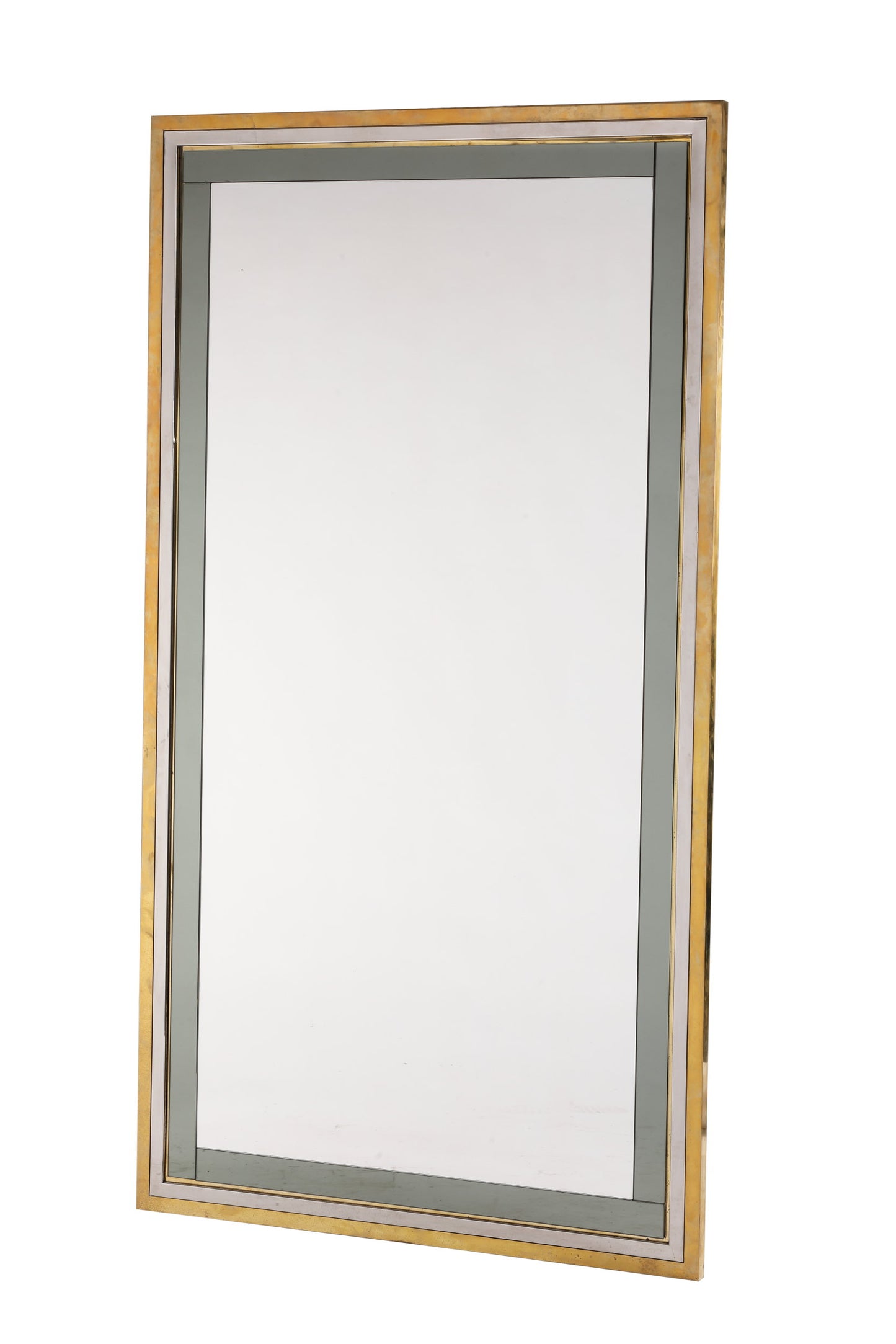 Mirror from the 70s in steel and brass with applied glass profiles