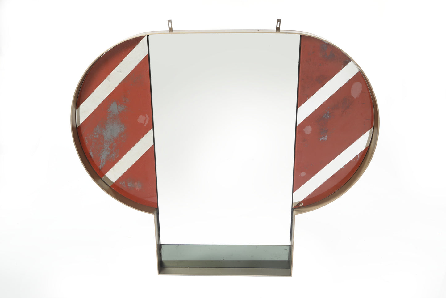 Mirror from the 70s in steel with red band inserts