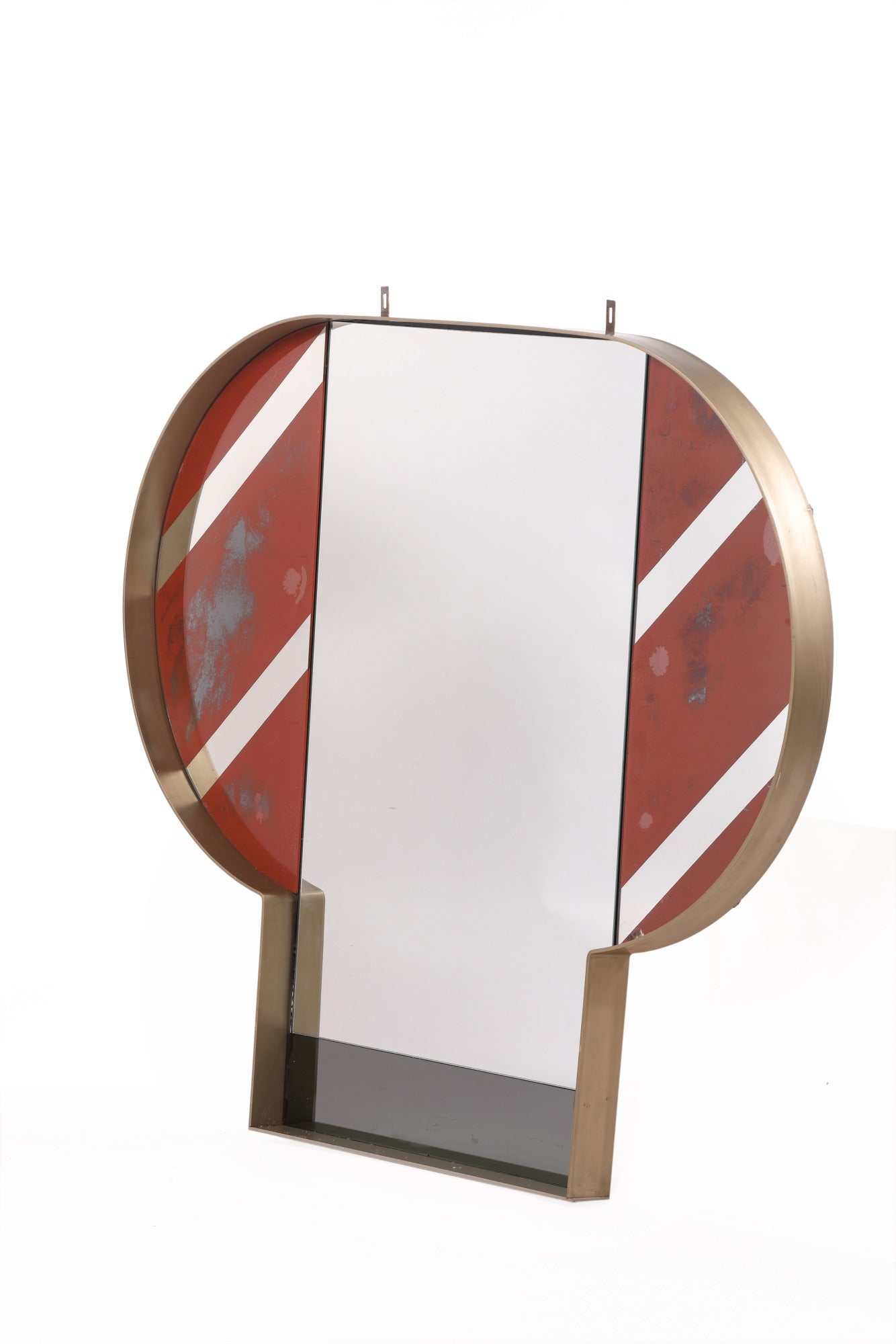 Mirror from the 70s in steel with red band inserts