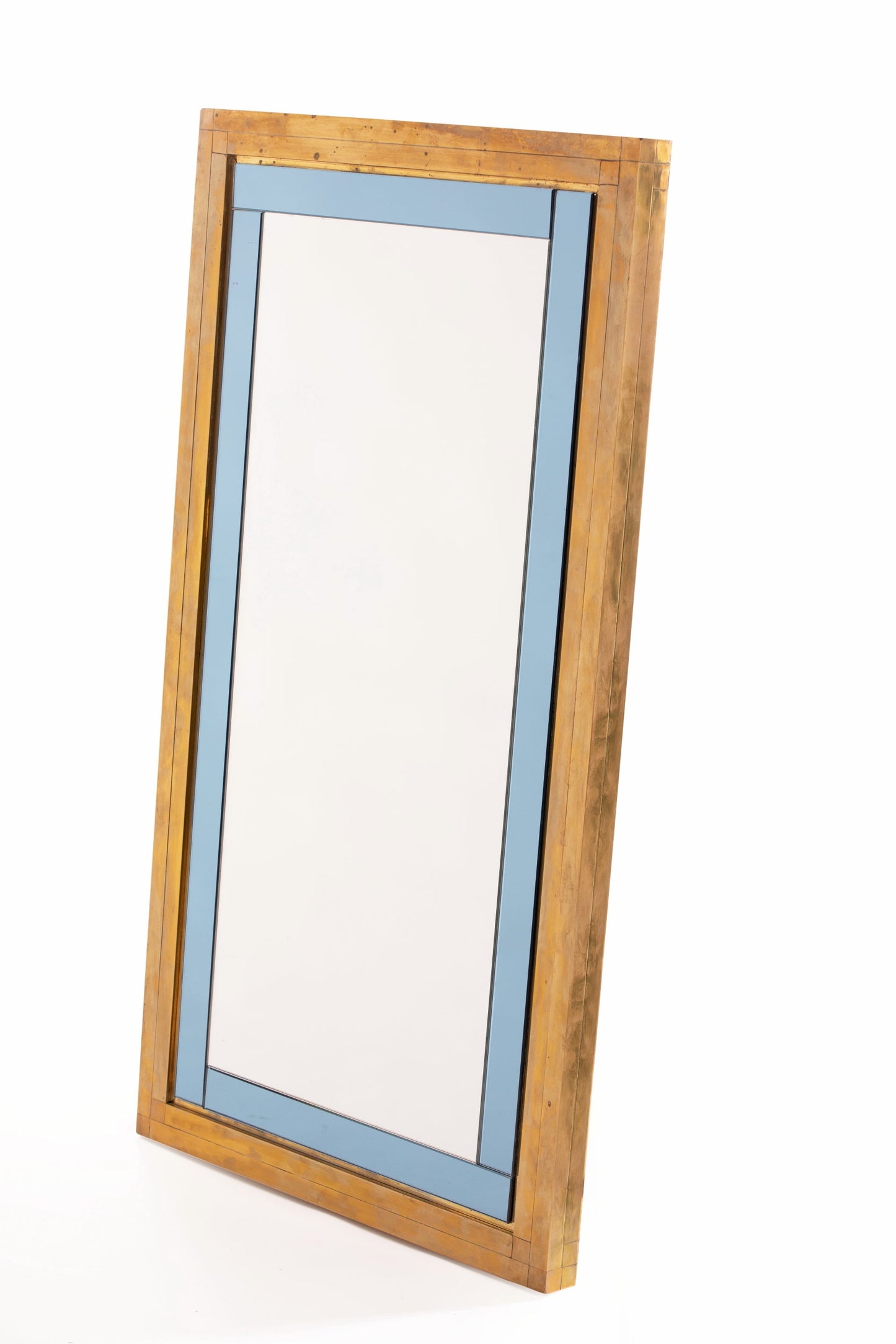 Mirror from the 70s in brass with blue glass profiles