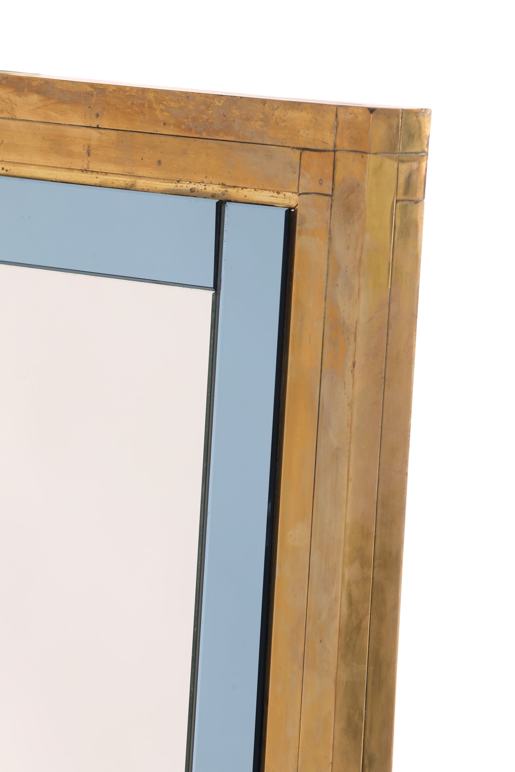 Mirror from the 70s in brass with blue glass profiles