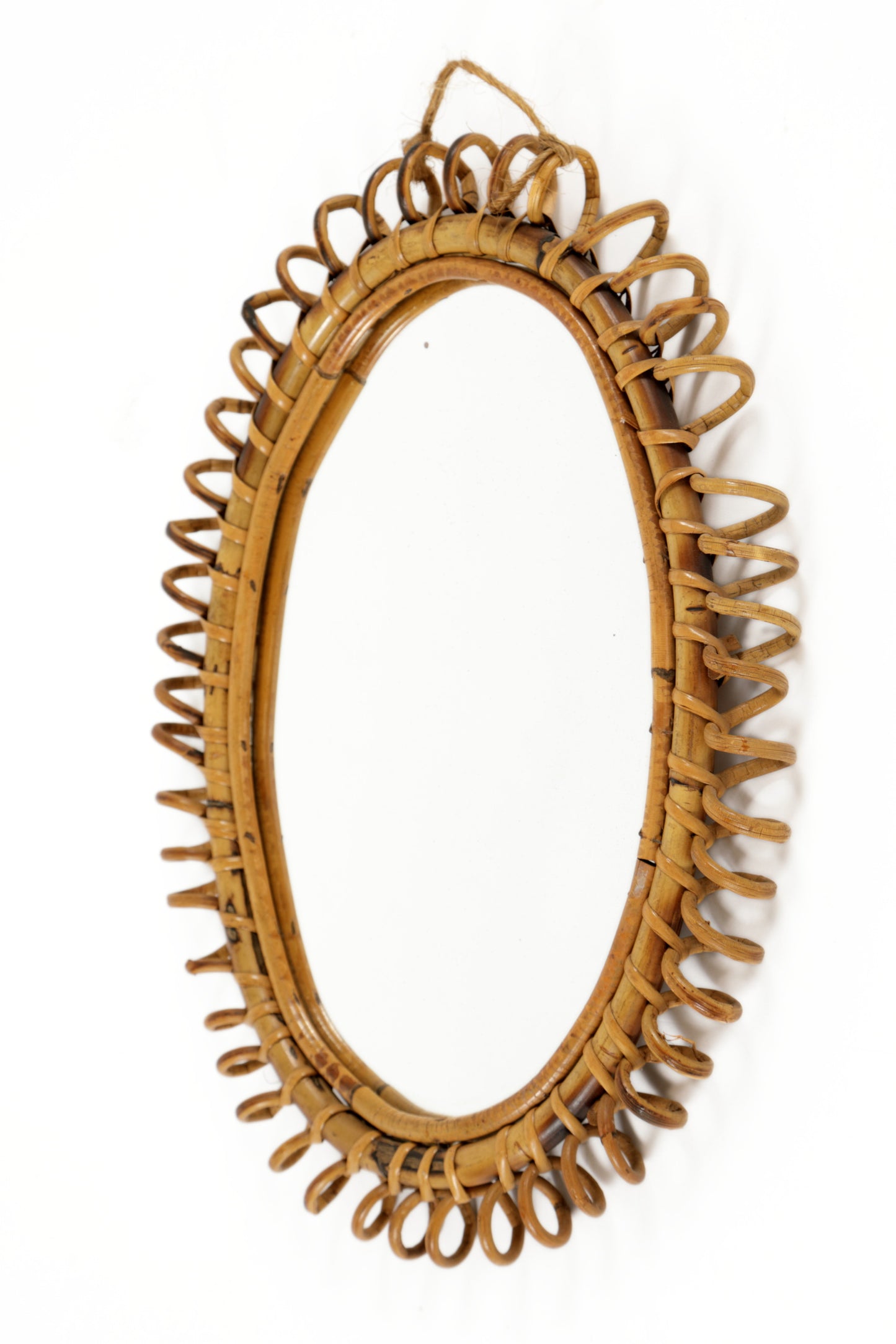 Oval natural rattan mirror from the 70s