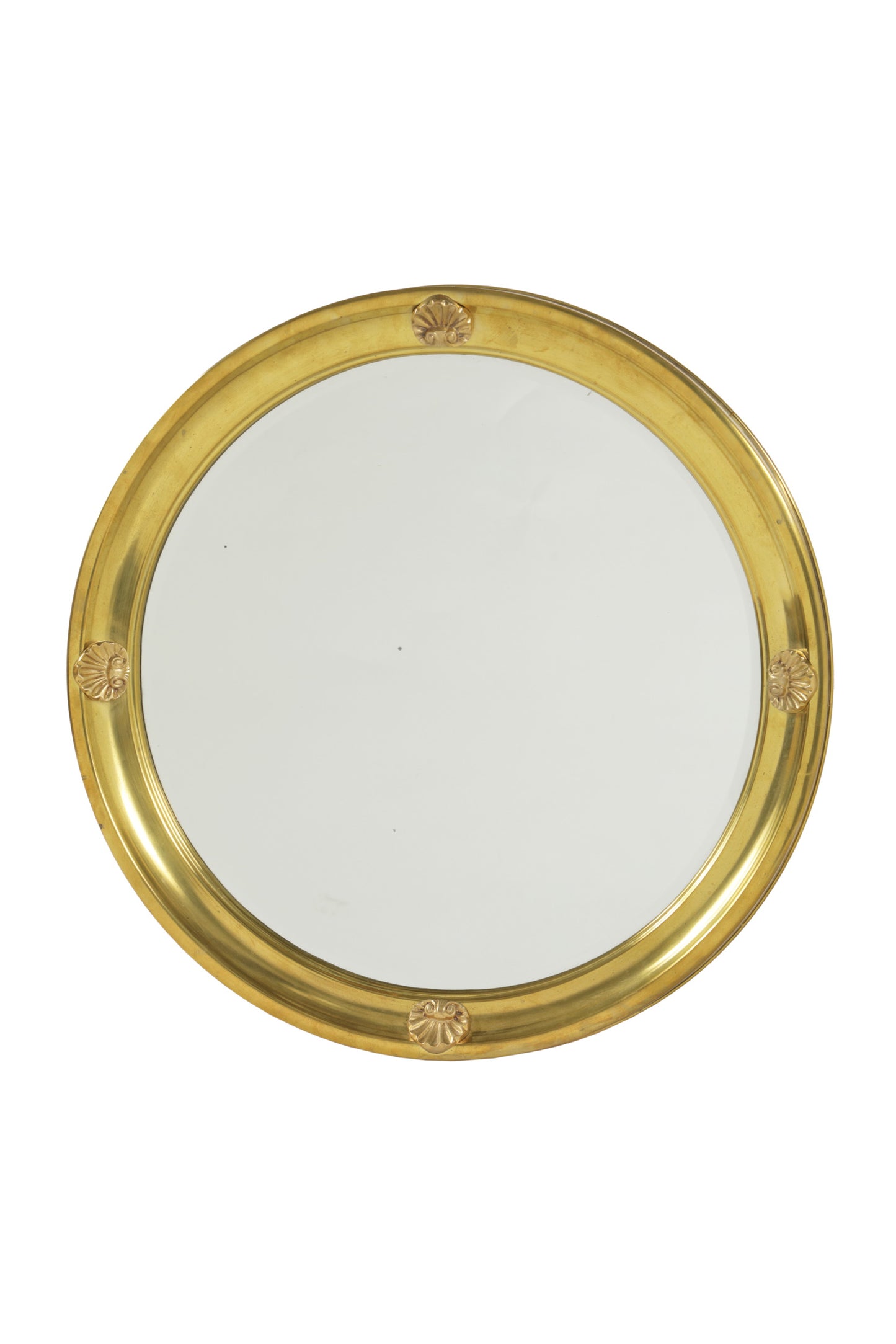 Round beveled mirror from the 1950s with golden shell frame