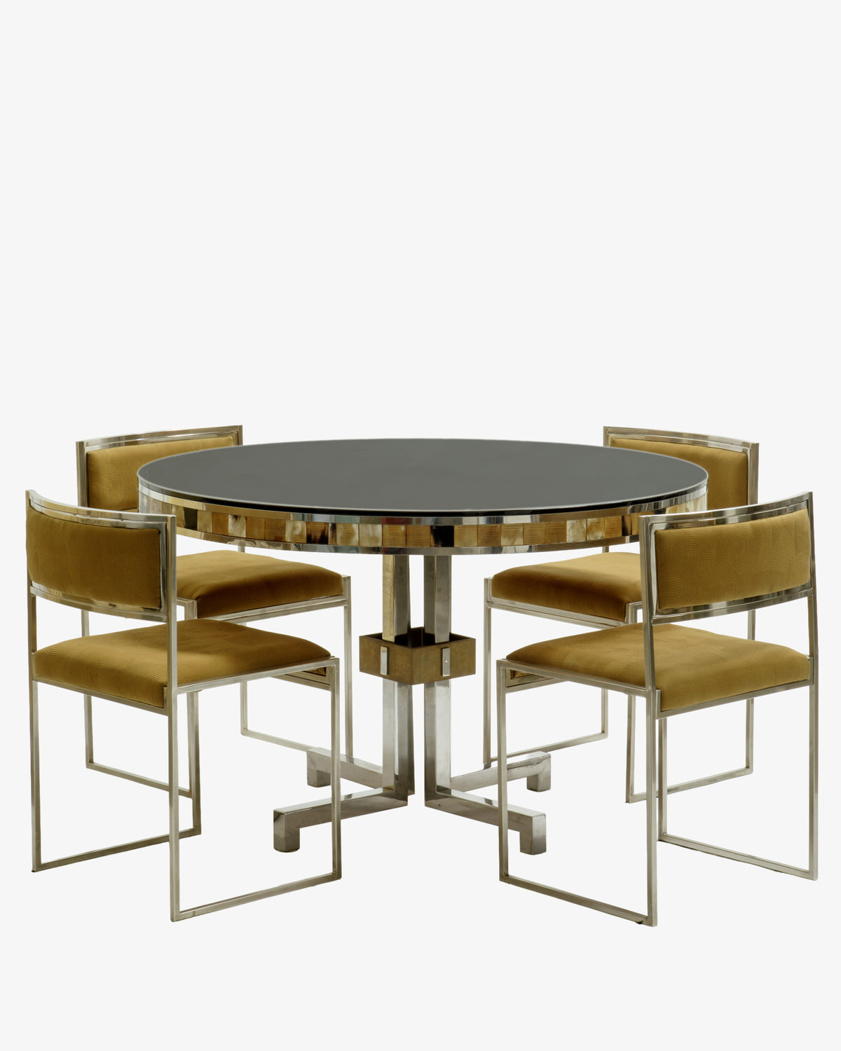 1970s steel and brass table with bone inlays