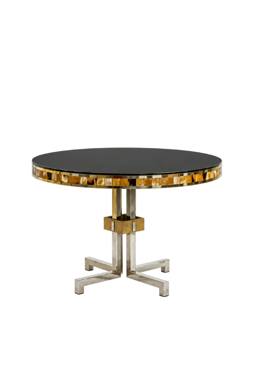 1970s steel and brass table with bone inlays