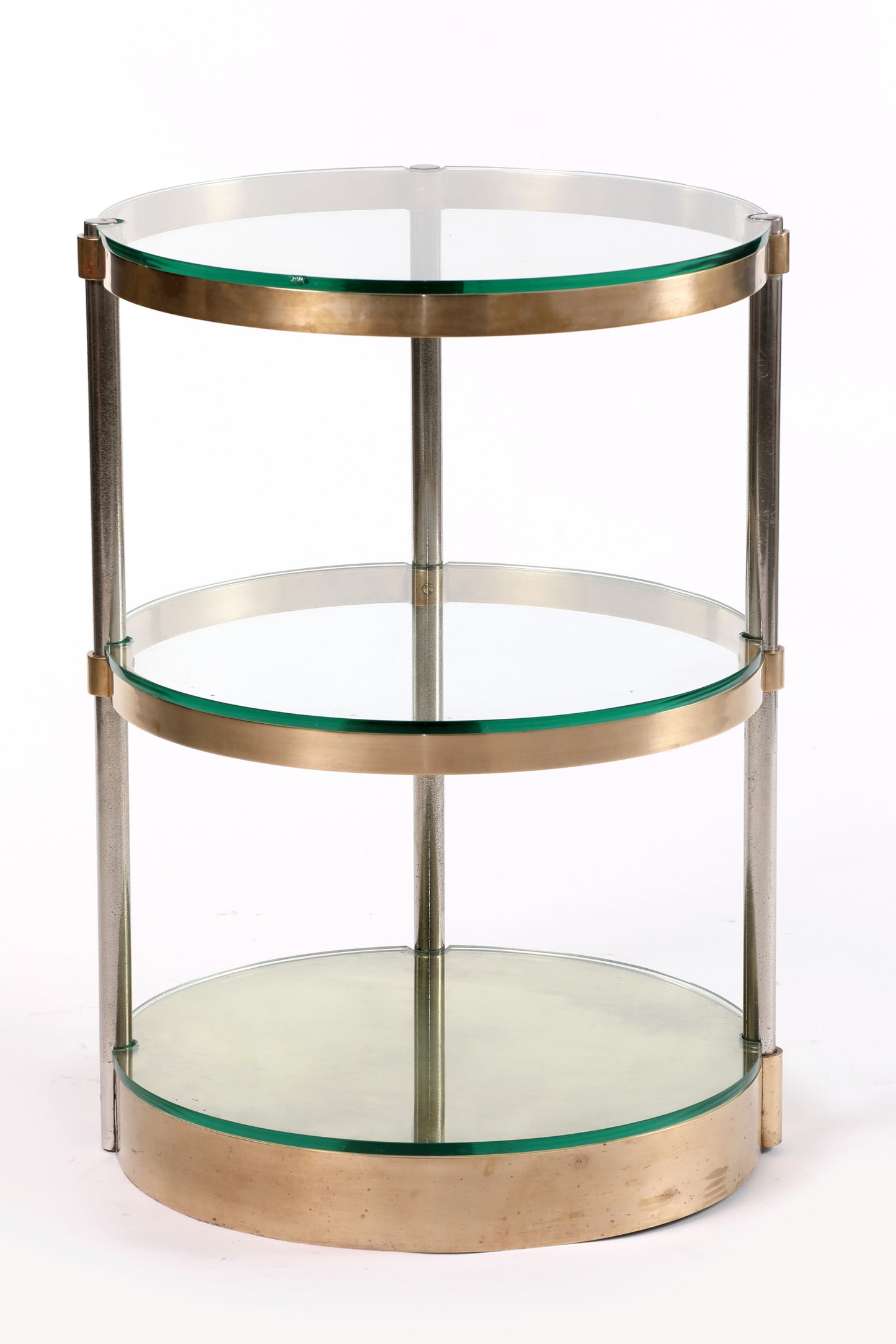 High table from the 70s in brass, steel and glass with three shelves