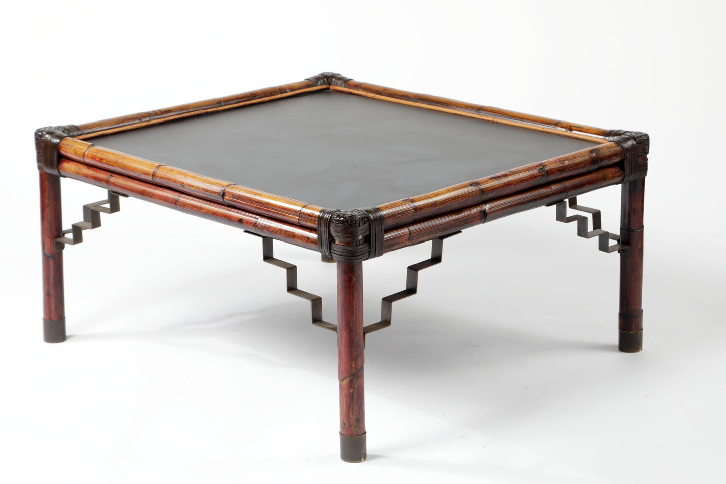70s bamboo living room table with black top