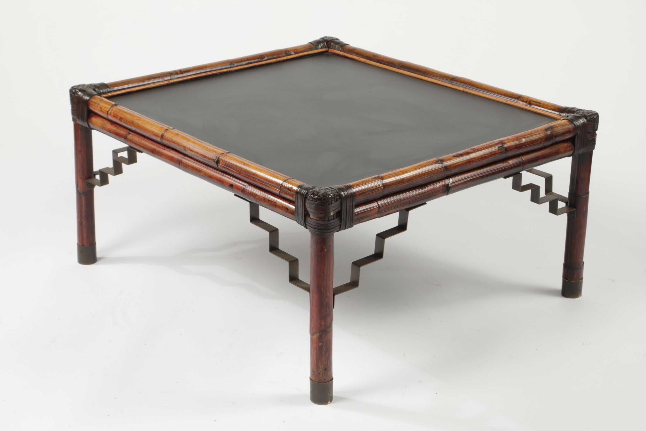 70s bamboo living room table with black top