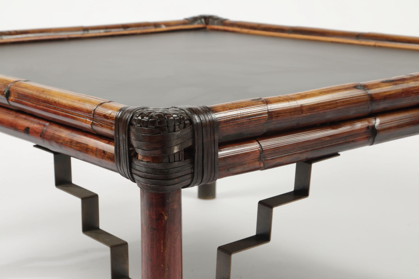 70s bamboo living room table with black top