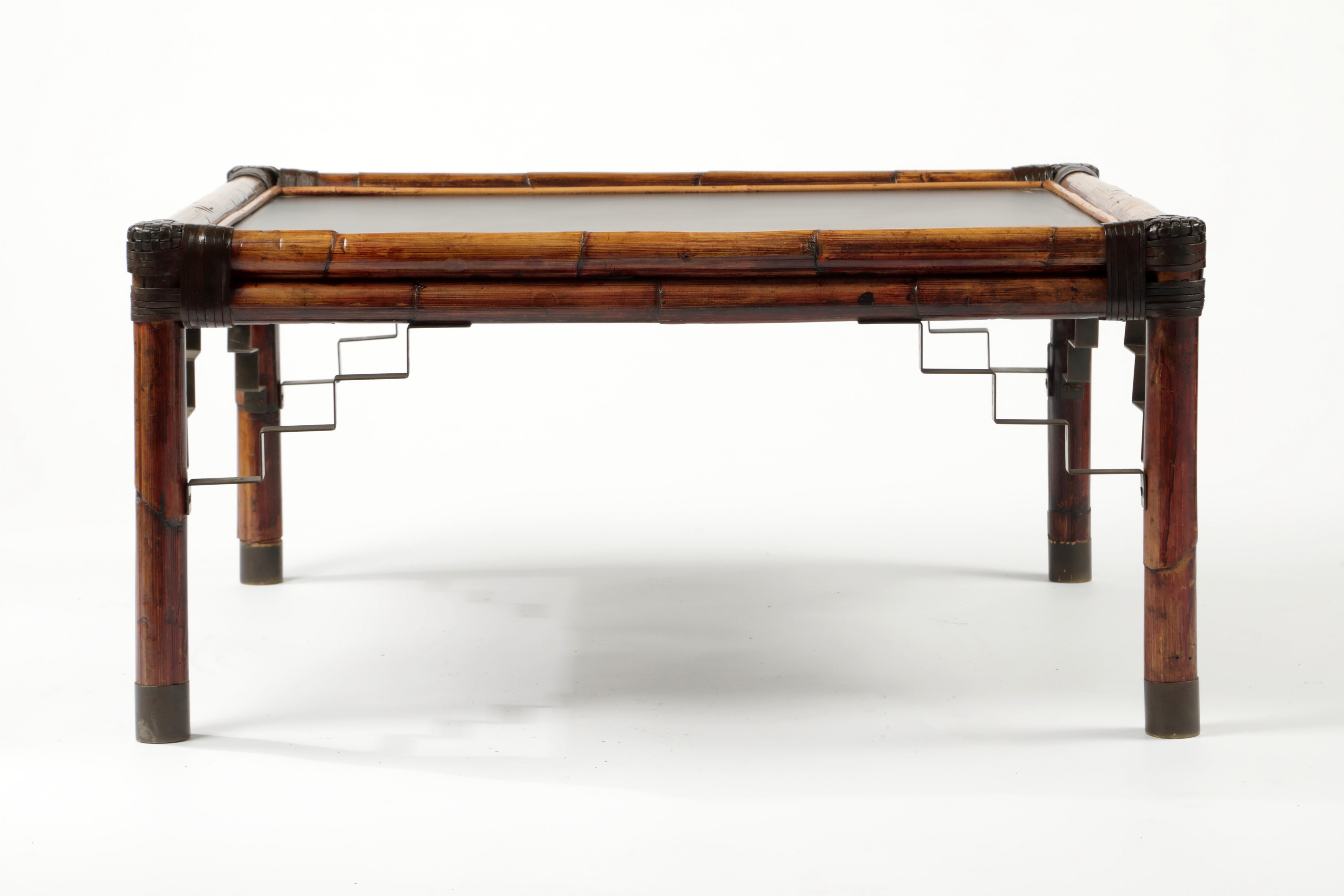 70s bamboo living room table with black top