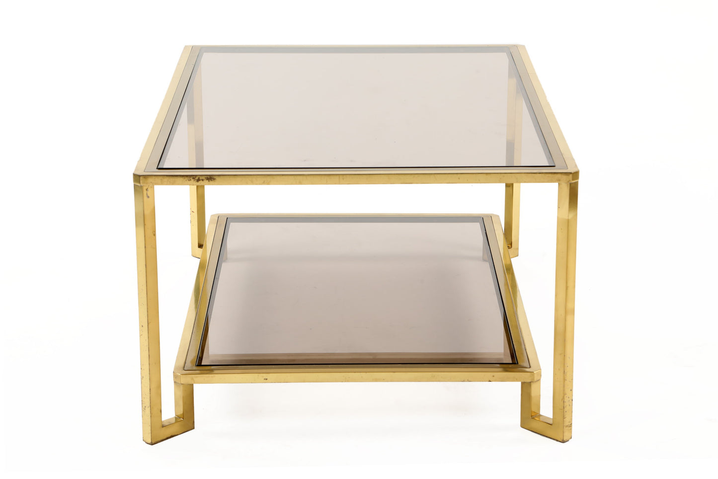 Living room table from the 70s in brass with double smoked glass shelf