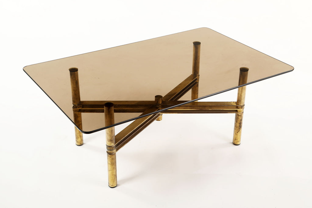 Tavolo salotto anni 70 ottone e vetro fumé