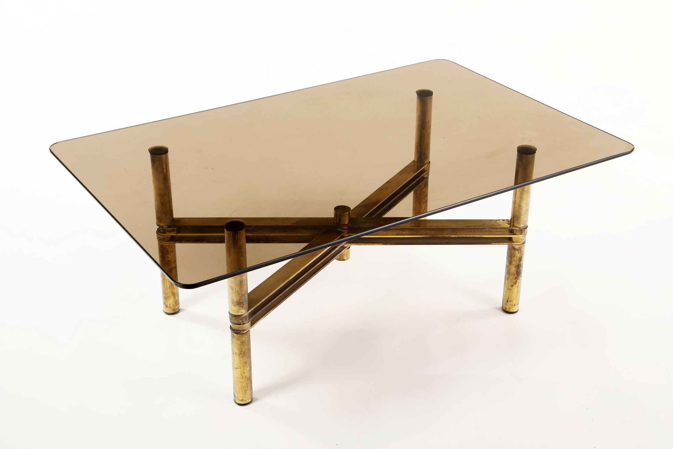 Living room table from the 70s in brass and smoked glass