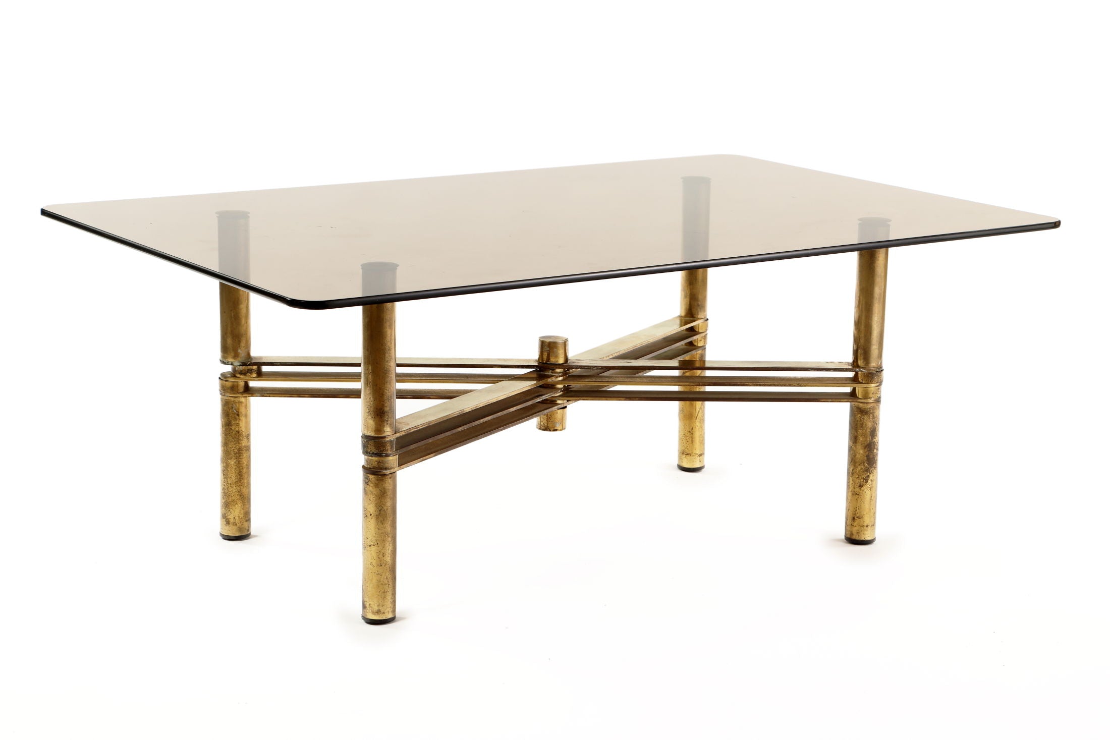 Tavolo salotto anni 70 ottone e vetro fumé
