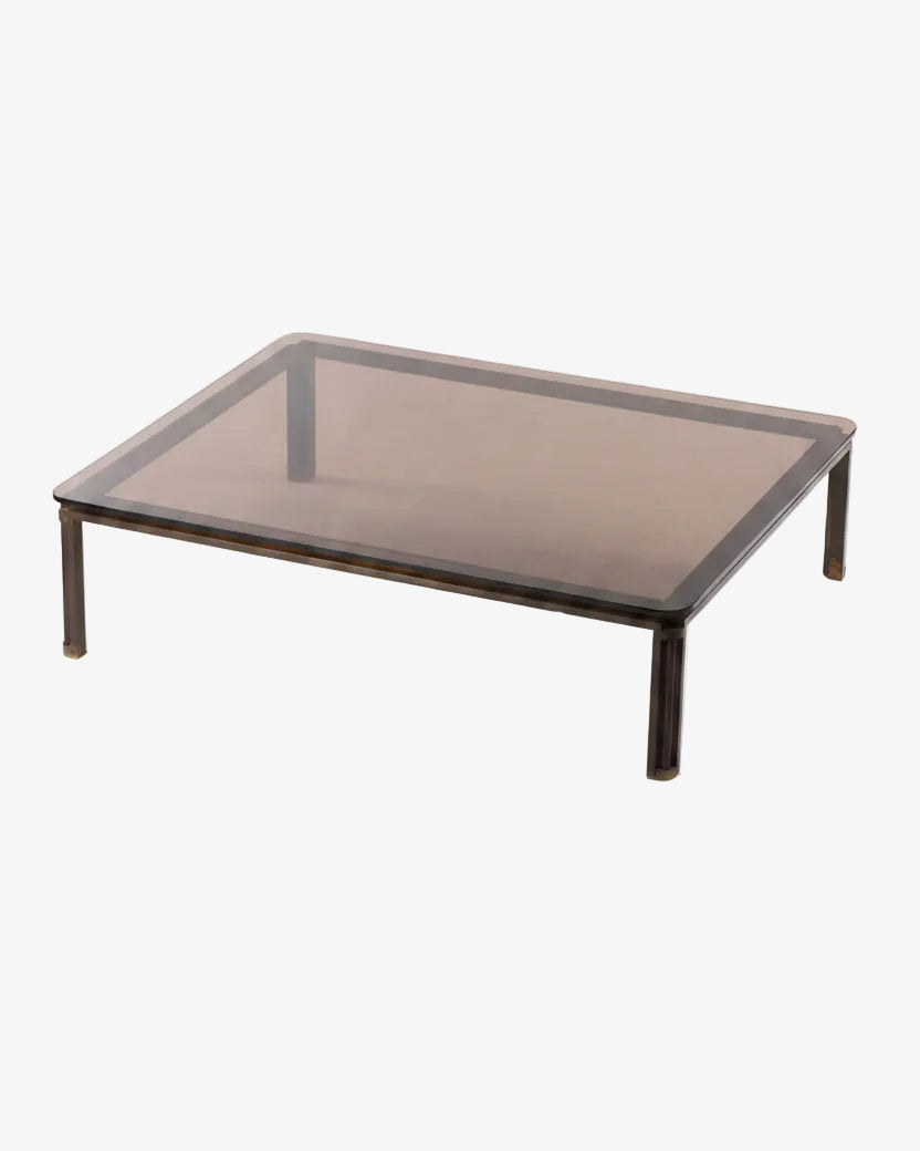 70s living room table in smoked glass, steel and plexiglass