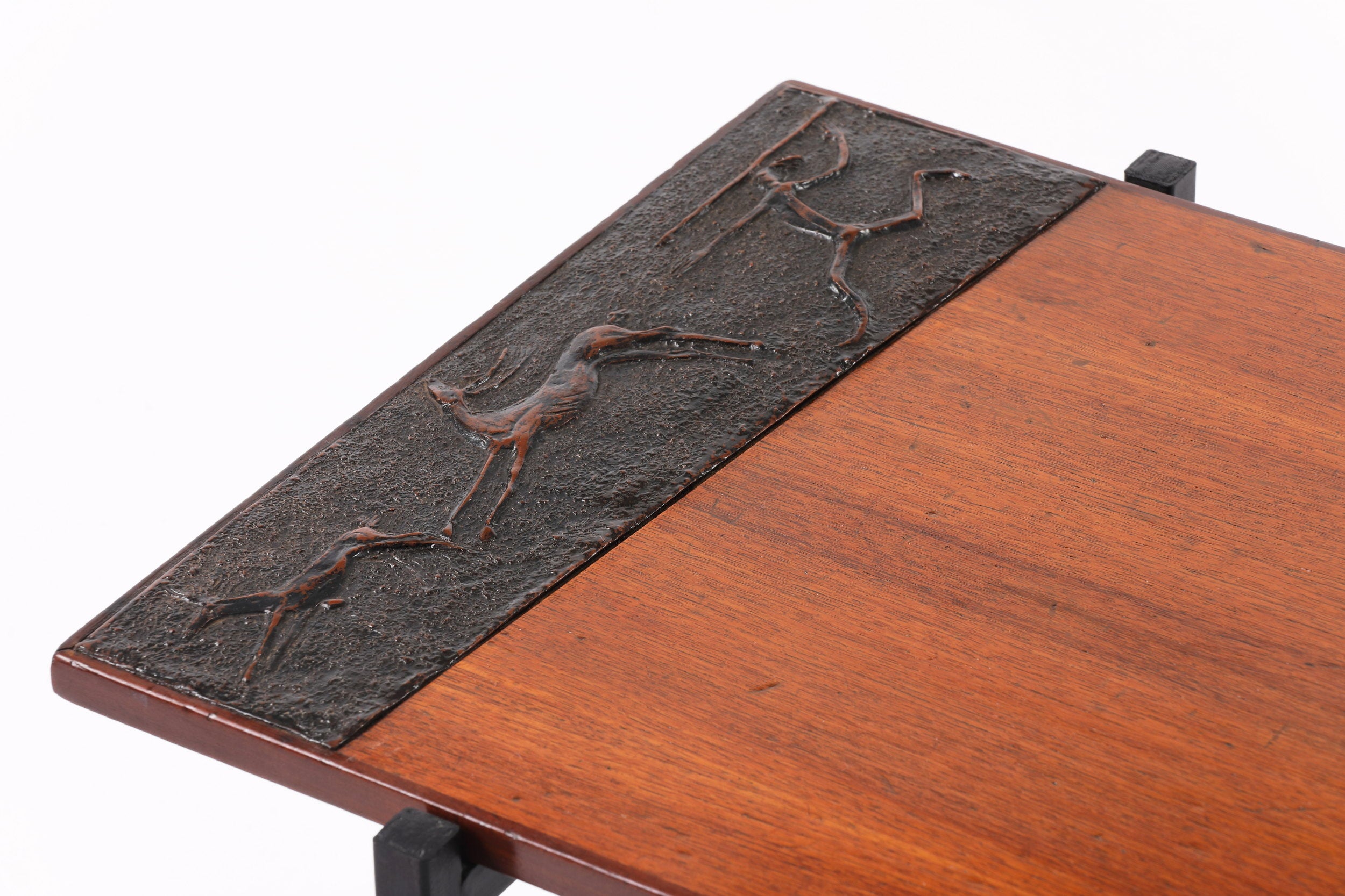 Living room table in wood and pressed leather from the 70s
