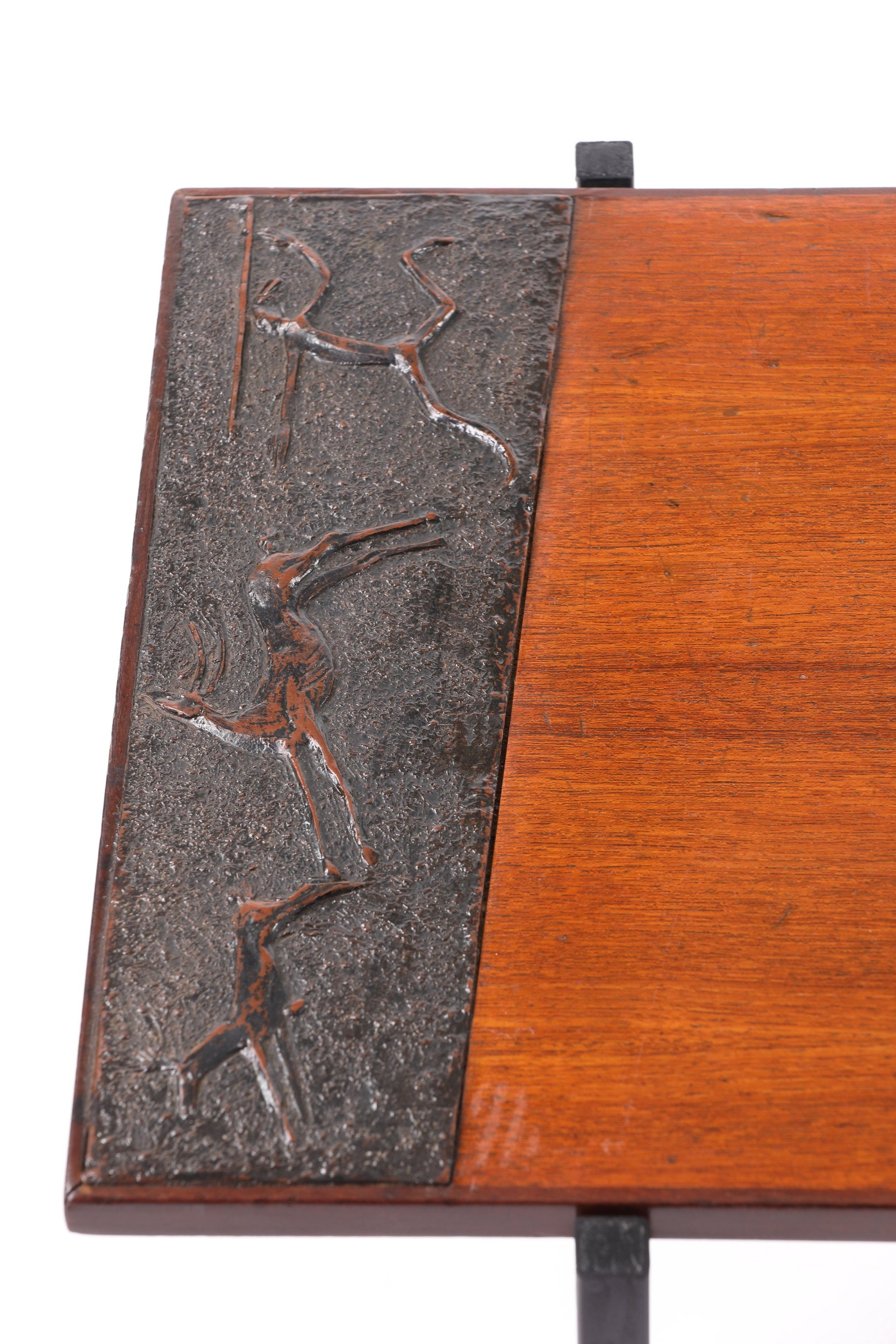 Living room table in wood and pressed leather from the 70s