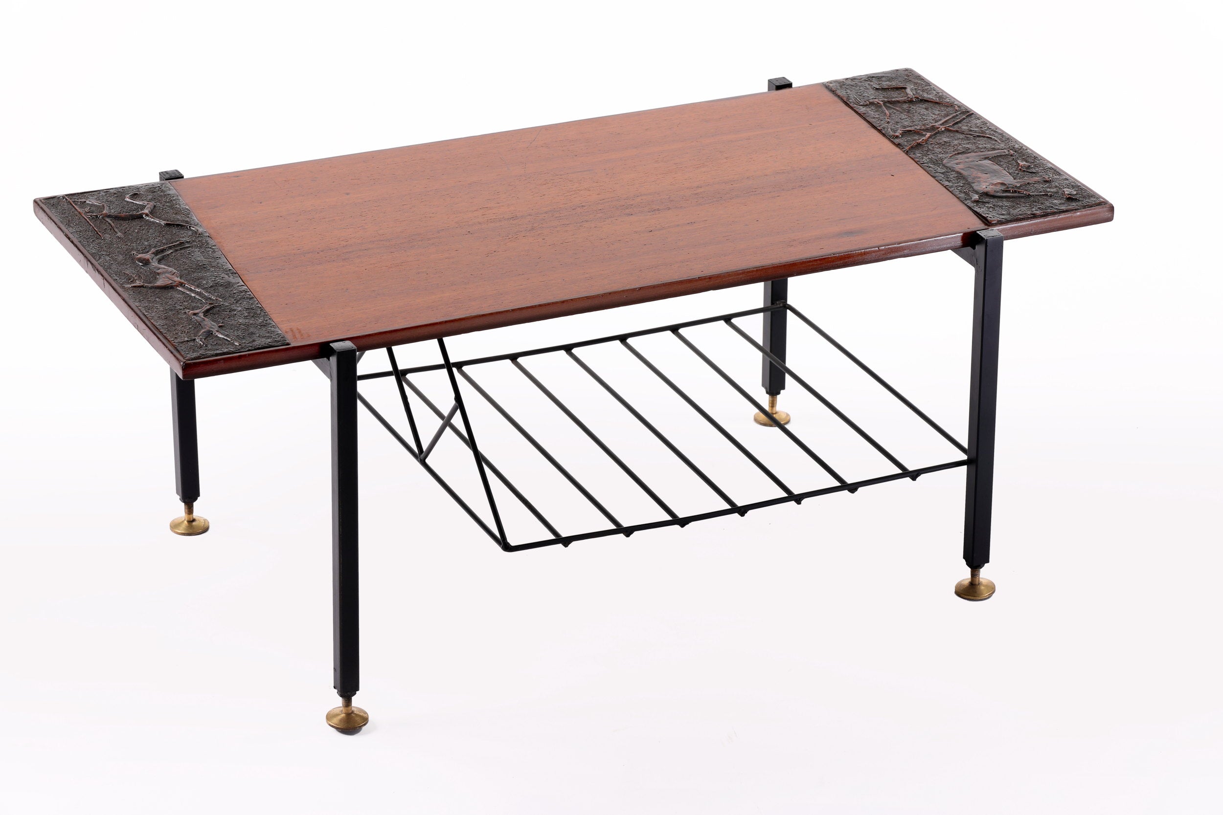 Living room table in wood and pressed leather from the 70s
