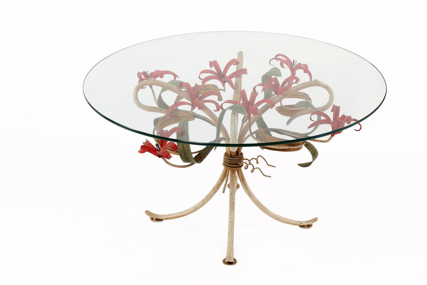 Round living room table from the 60s in glass and wrought iron