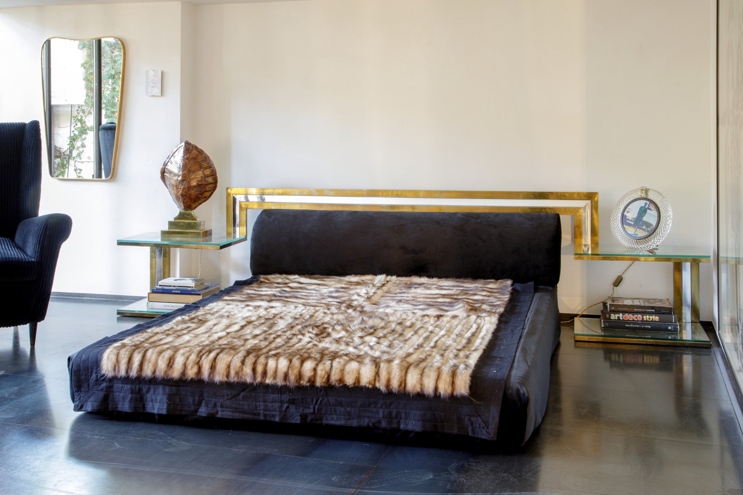 Romeo Rega bed headboard, 1970s steel and brass