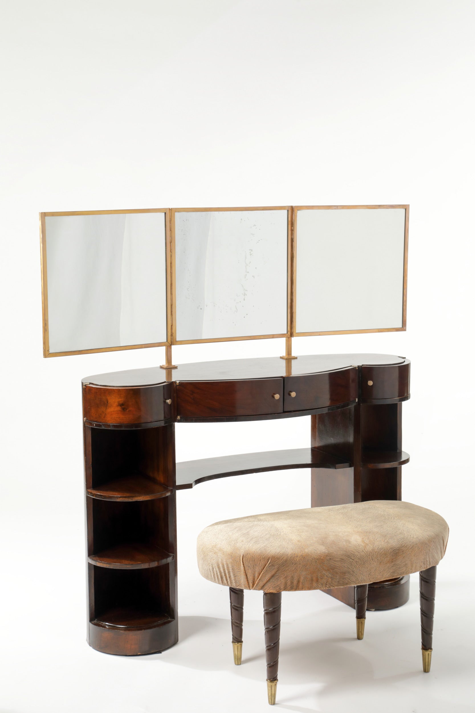 1940s dressing table, wood, mirror, 3 doors, brass