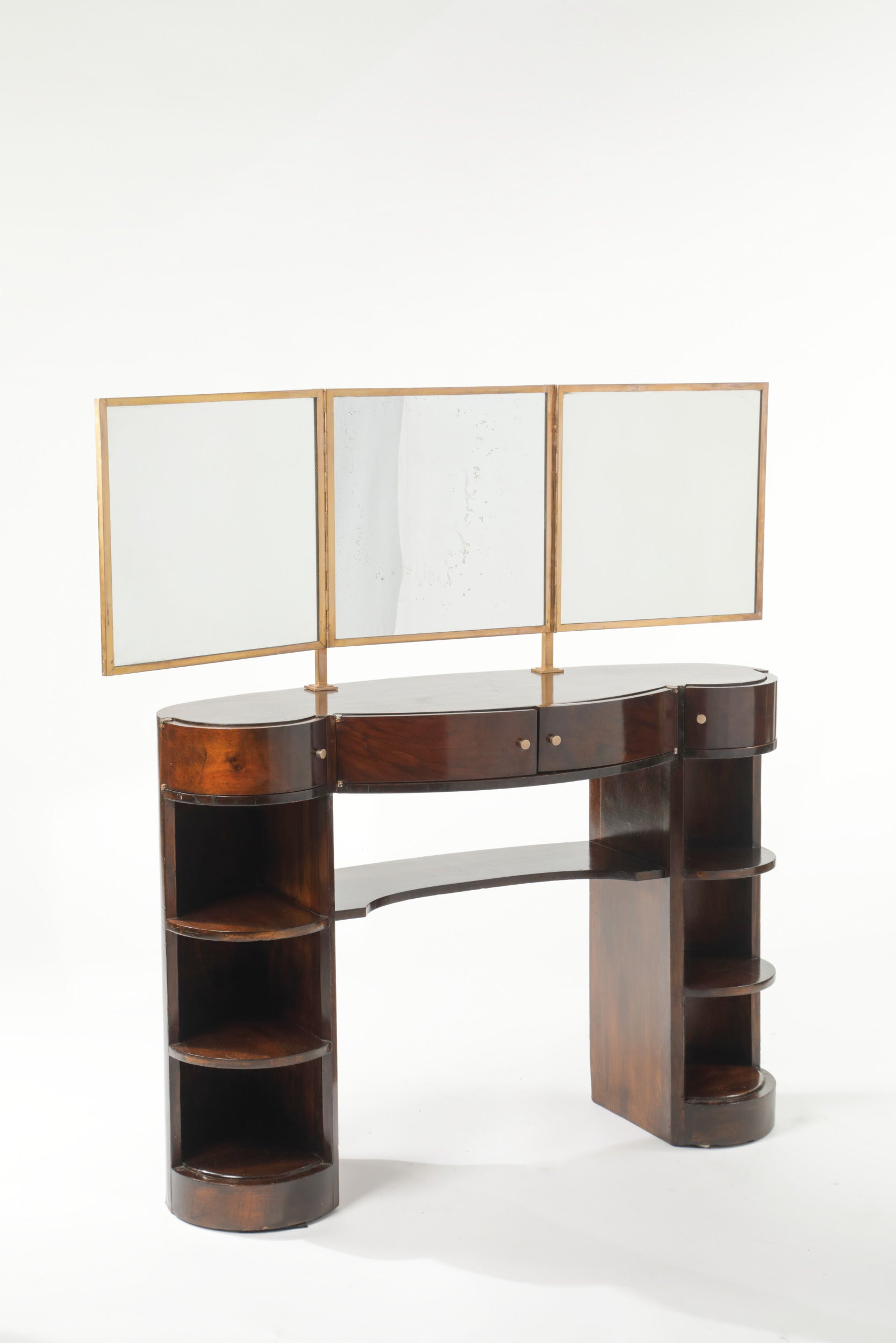 1940s dressing table, wood, mirror, 3 doors, brass