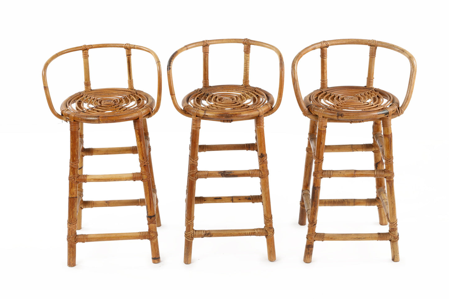 Triptych of bamboo stools from the 70s