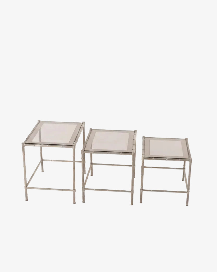 Triptych of silver bamboo tables from the 70s