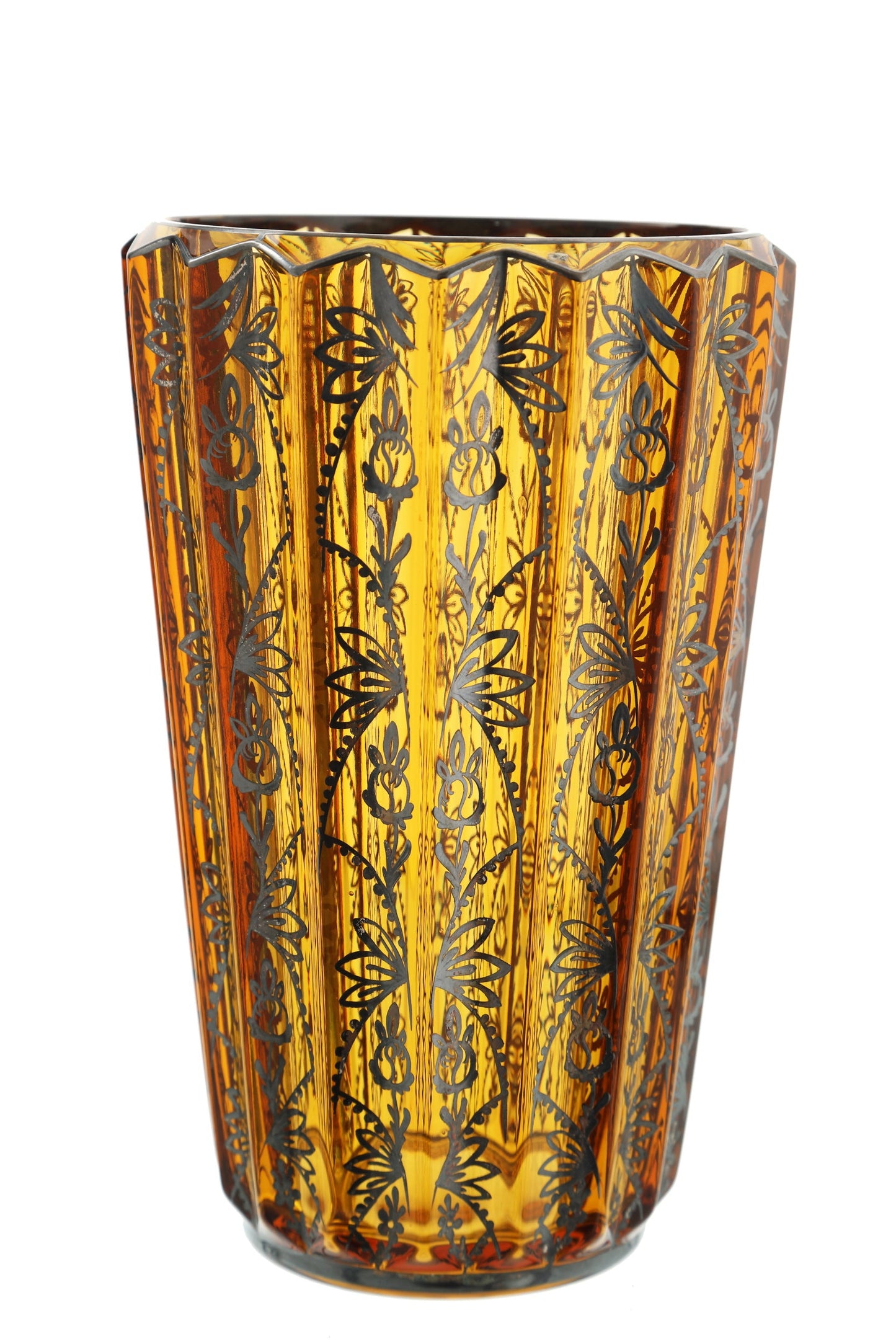 1940s vase in amber glass with medium silver decoration