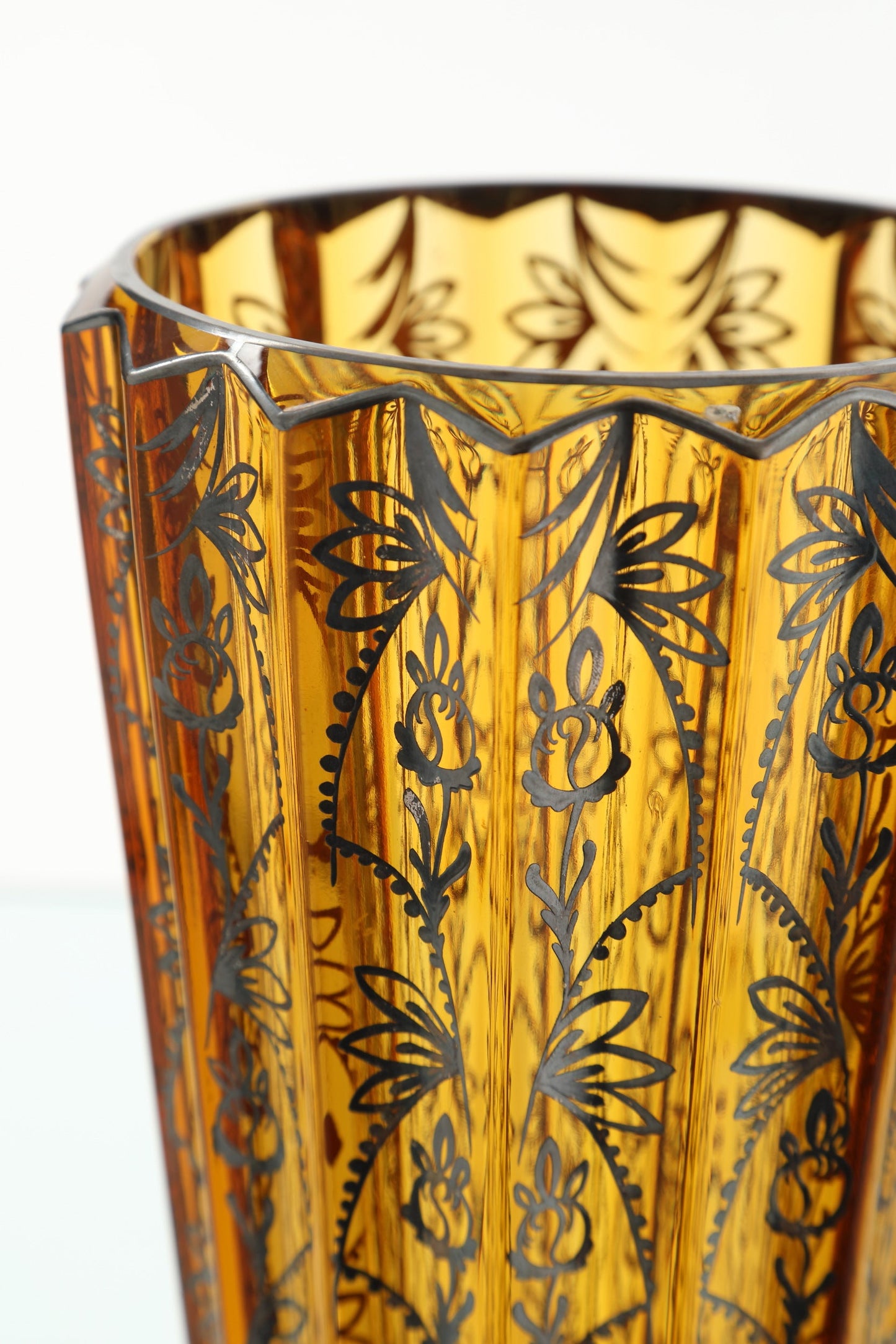 1940s vase in amber glass with medium silver decoration