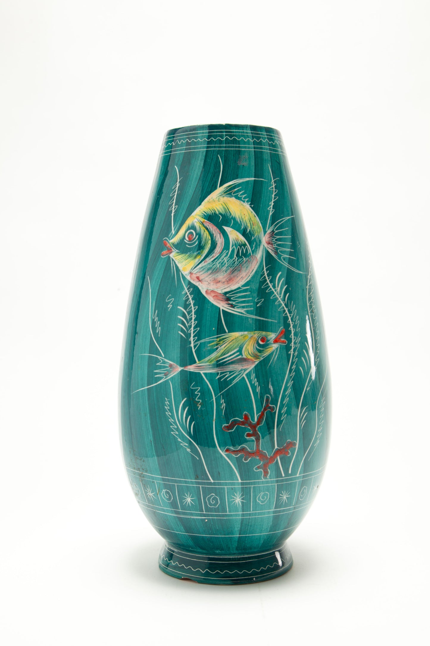 Aqua green ceramic vase with Pisces decoration from the 1960s