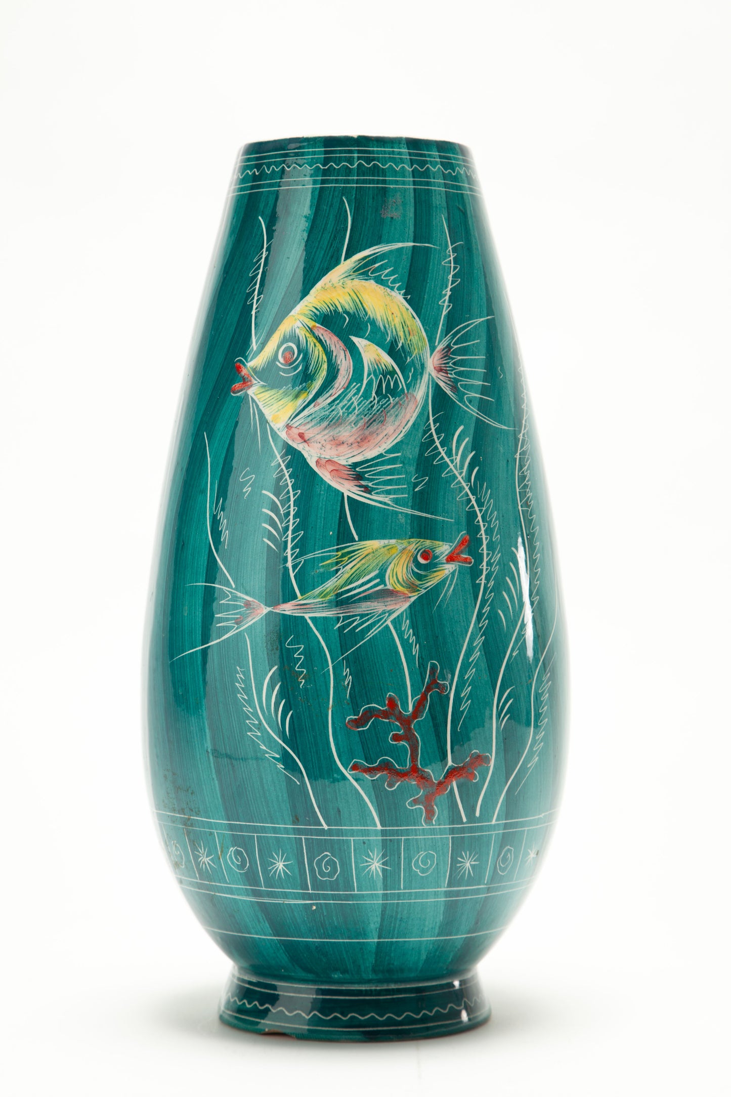 Aqua green ceramic vase with Pisces decoration from the 1960s