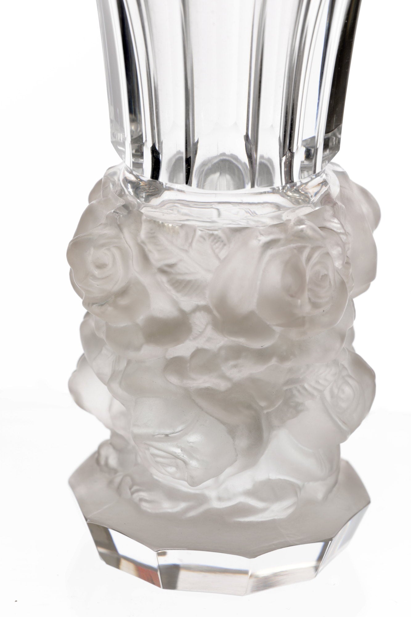 Sandblasted glass vase with rose base