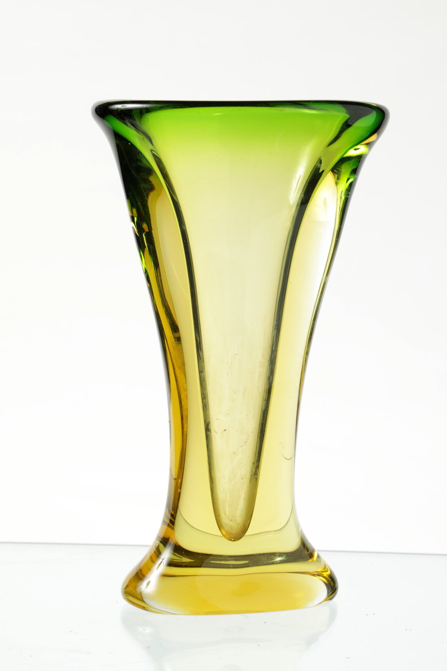 Green and yellow submerged glass vase
