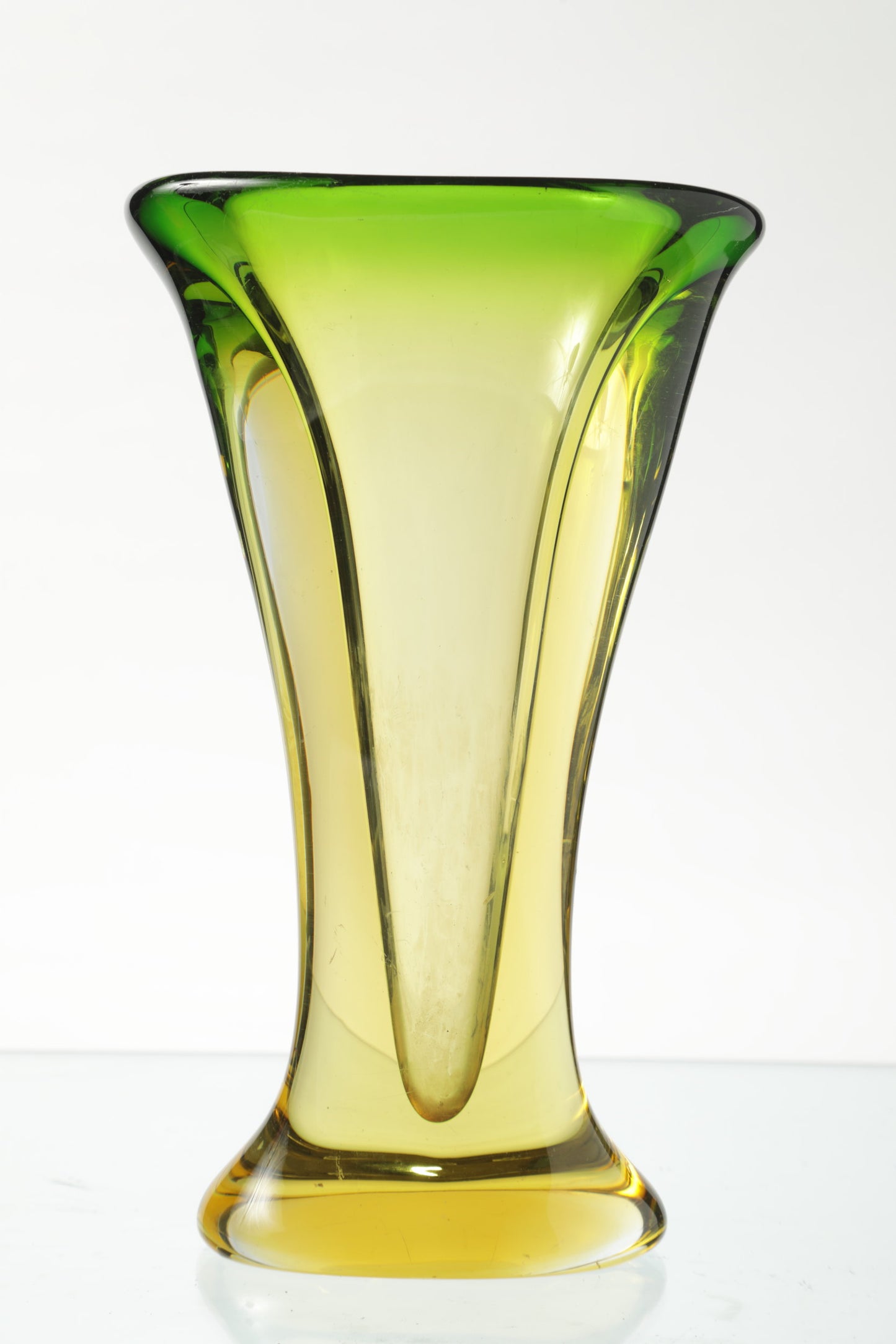 Green and yellow submerged glass vase