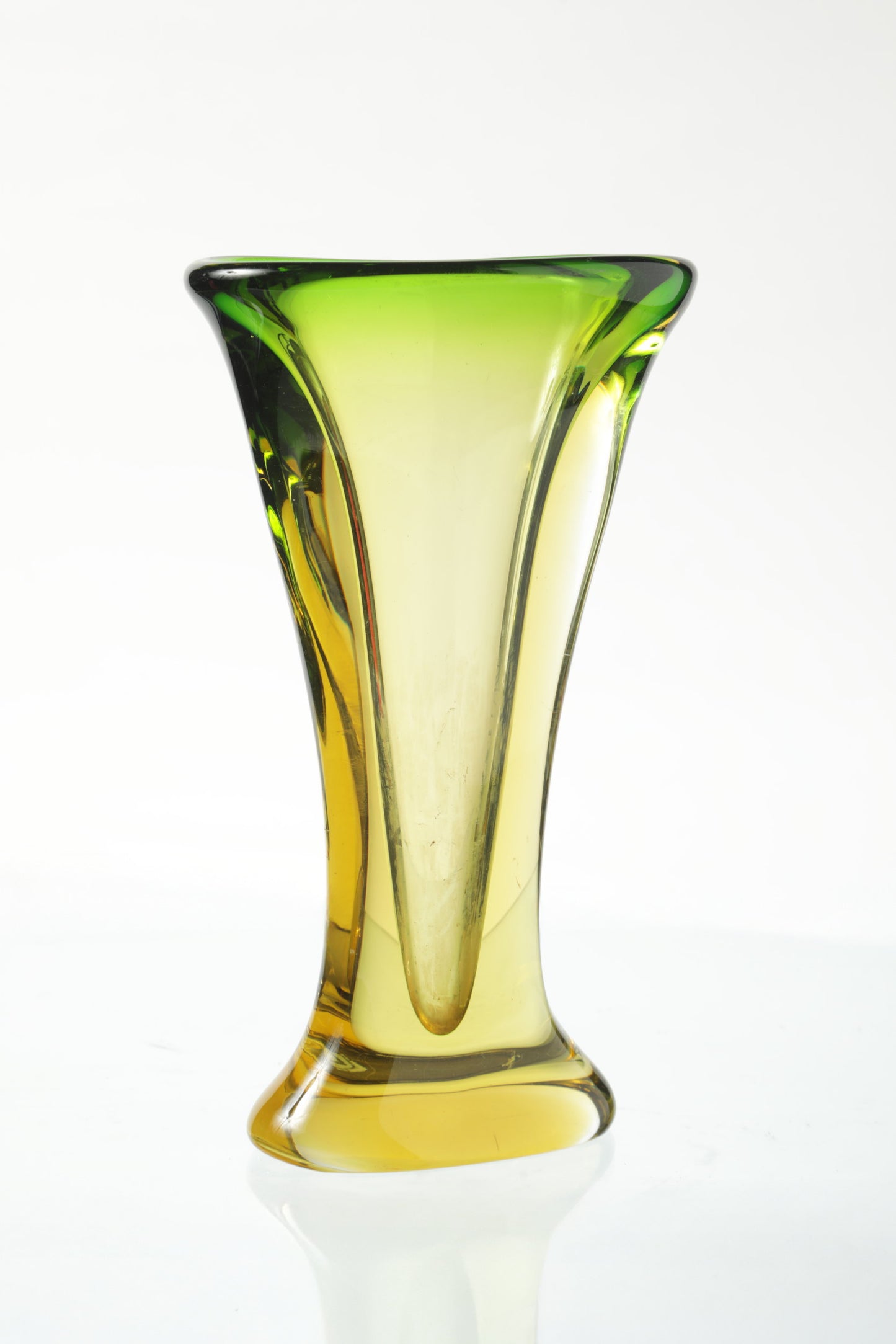 Green and yellow submerged glass vase