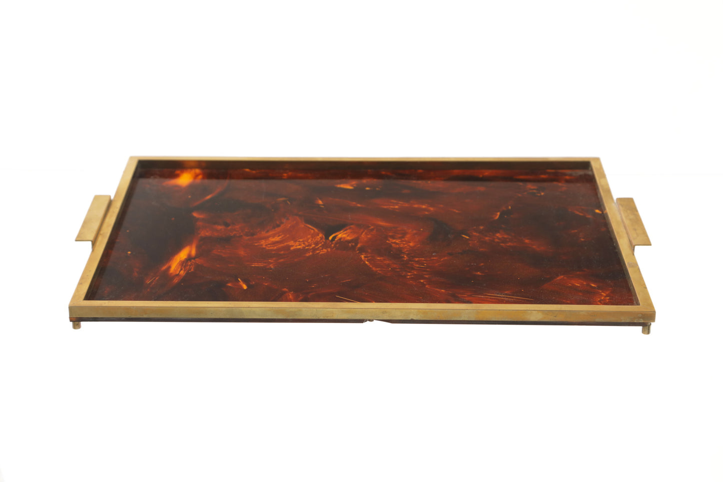 1970s rectangular tray in brass and spotted plexiglass