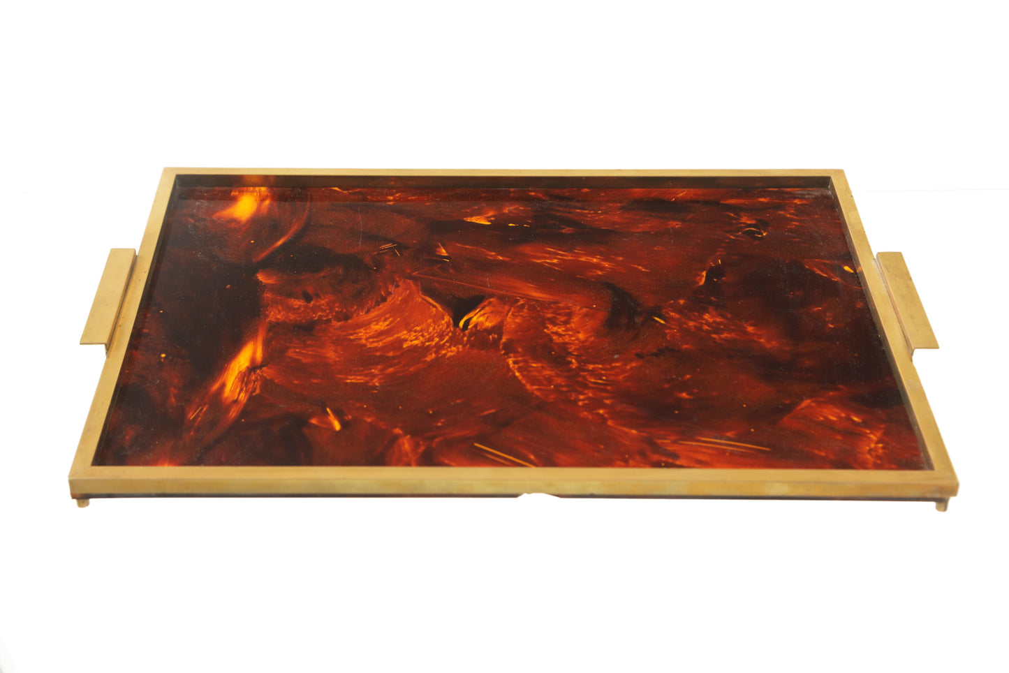 1970s rectangular tray in brass and spotted plexiglass