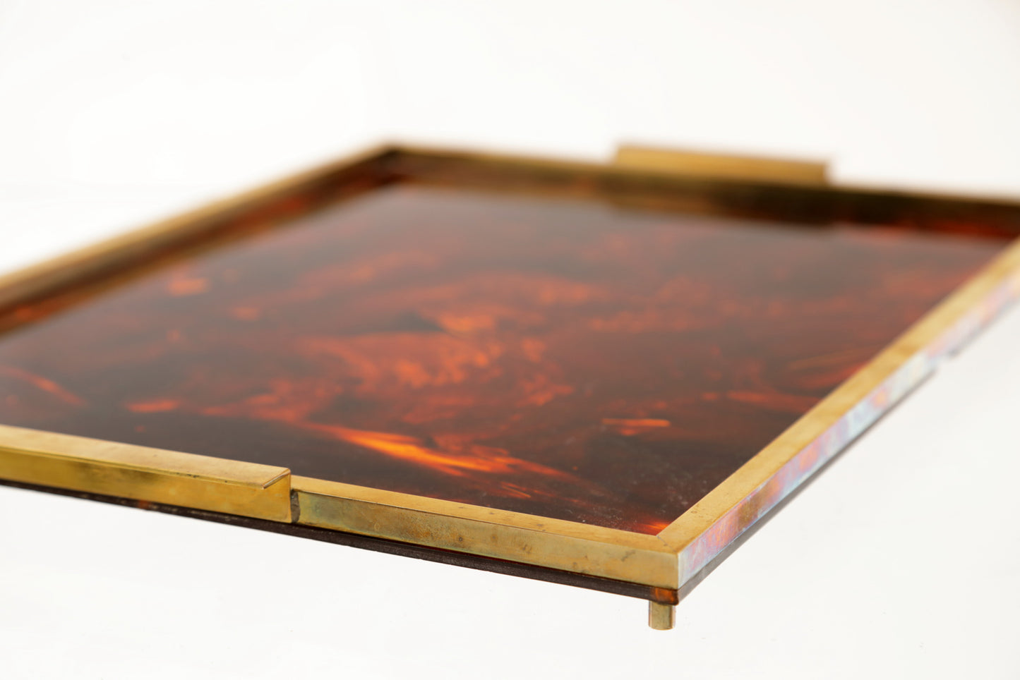 1970s rectangular tray in brass and spotted plexiglass