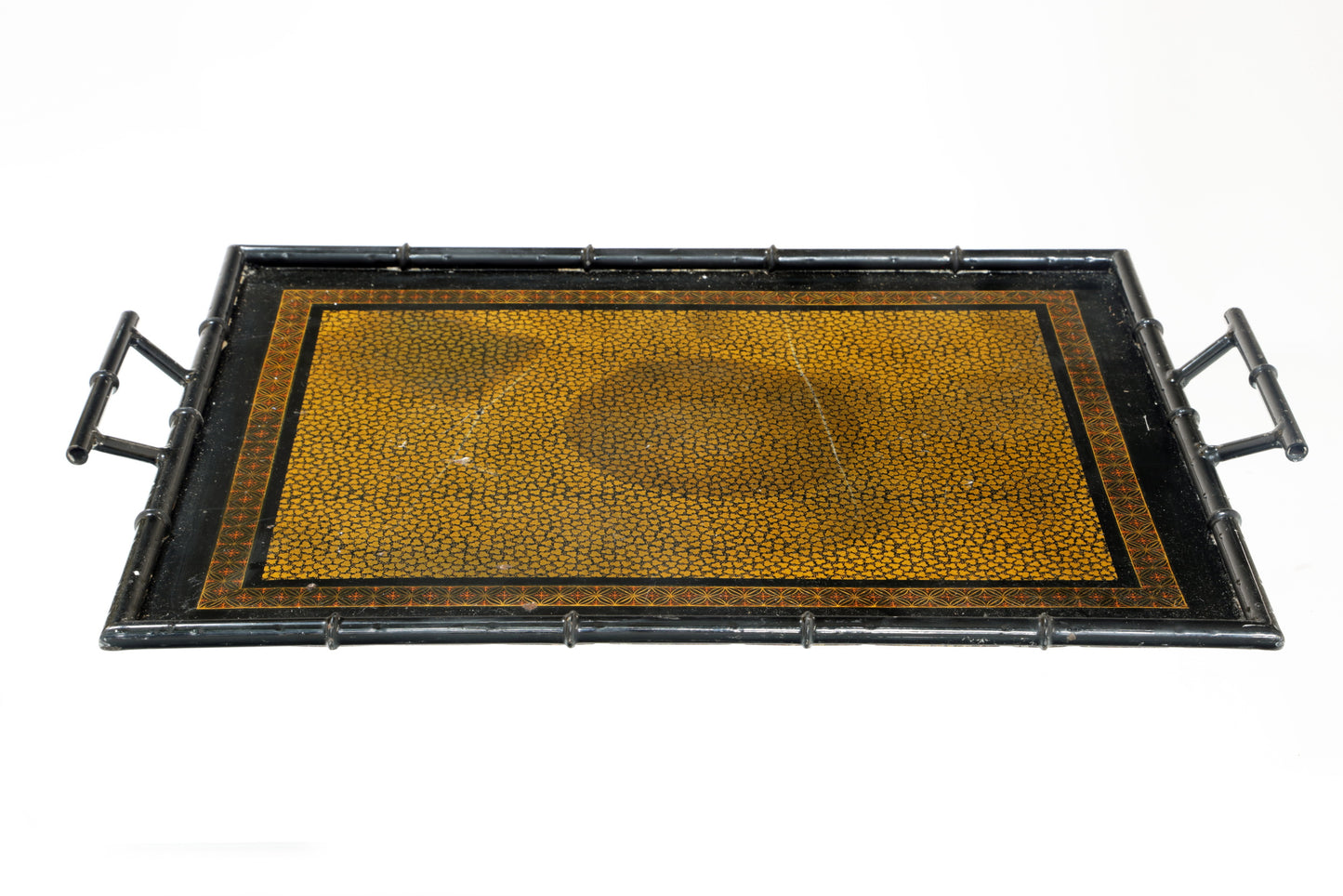 Black iron tray with bamboo edge from the 70s