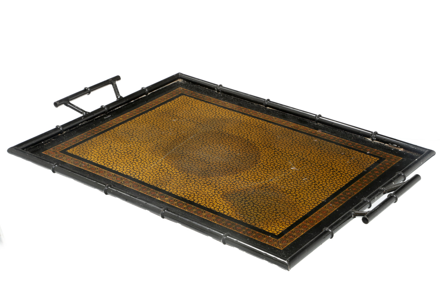 Black iron tray with bamboo edge from the 70s