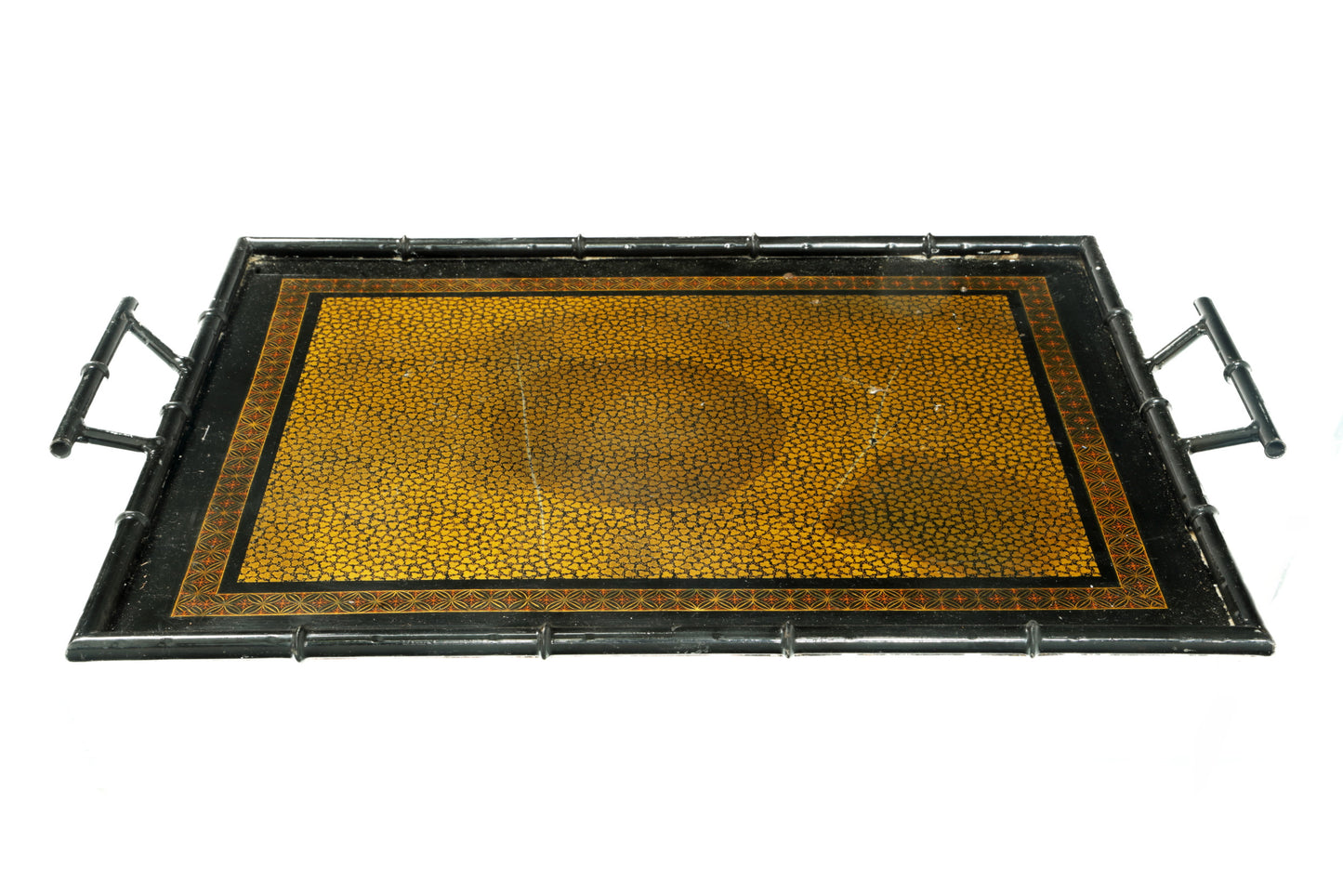 Black iron tray with bamboo edge from the 70s