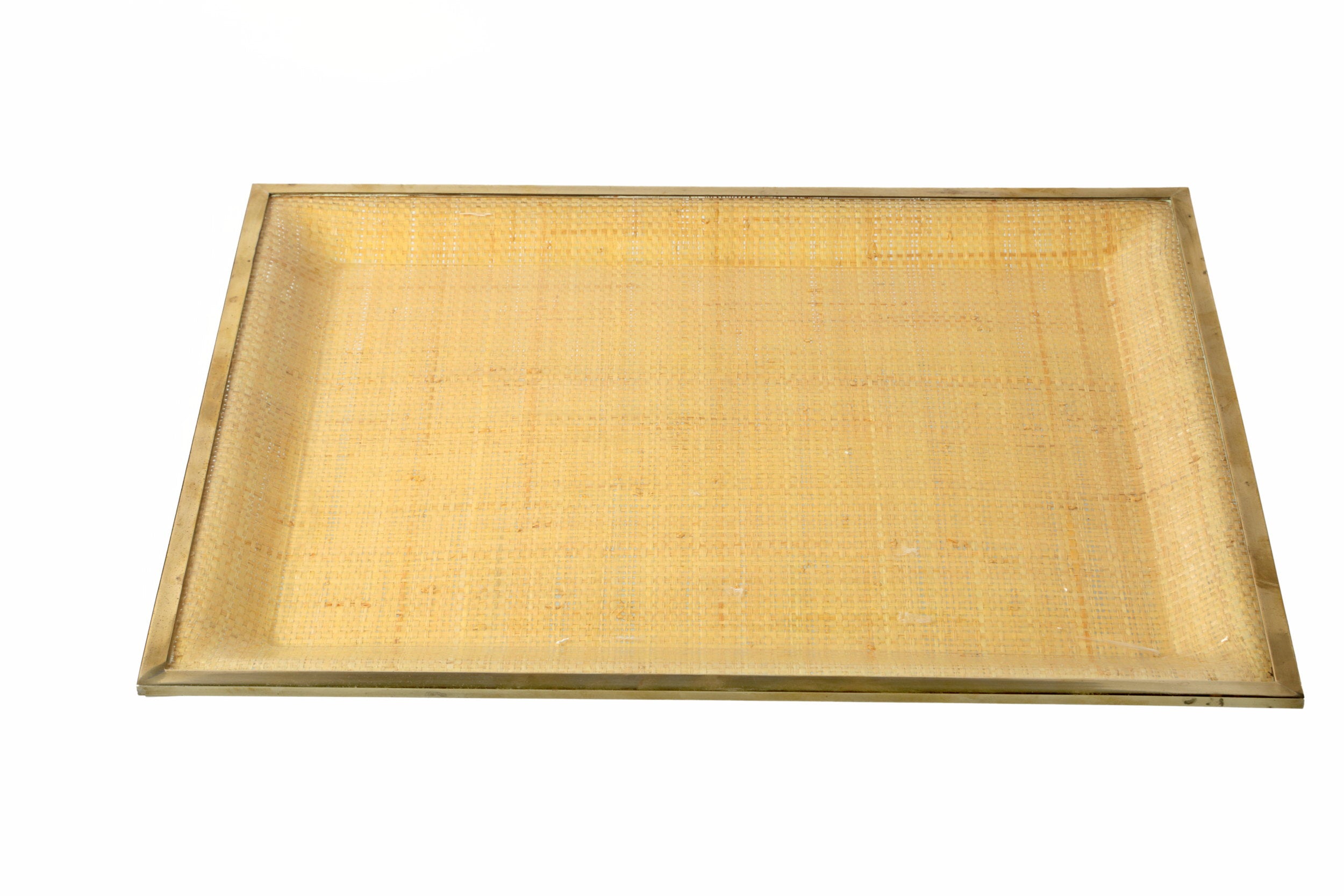 70's woven straw and brass tray